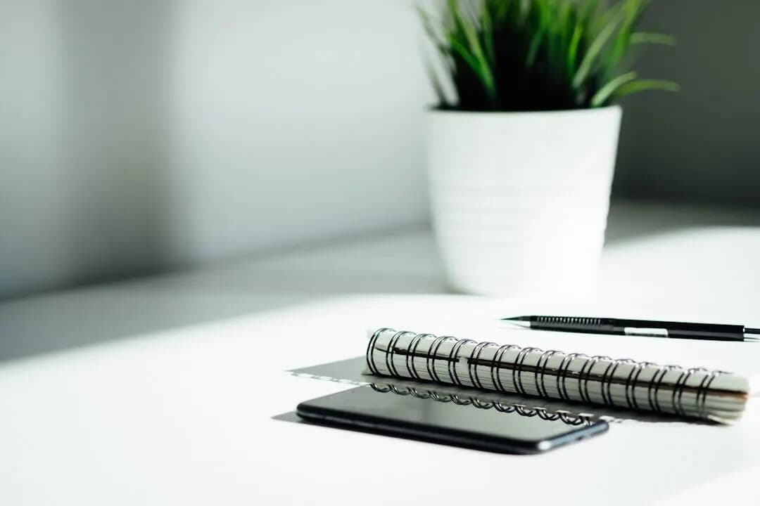 Example background for digital figures: a desk with a notebook and a potted plant